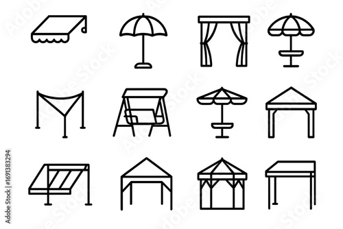 Patio Shade Icon Set. Outline icon set of patio shading: retractable awning, freestanding umbrella, pergola with curtains, shade