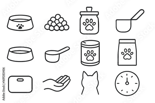 Pet Feeding Icons. Outline icon set of feeding time routine: food bowl, kibble pile, treat jar, scoop, water bowl, measuring scoop