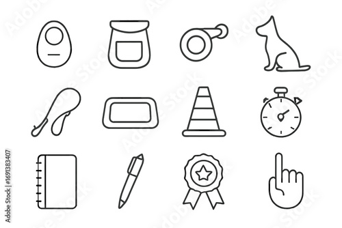 Pet Training Icons. Outline icon set of pet training session: clicker, treat pouch, whistle, dog silhouette, leash, training mat,