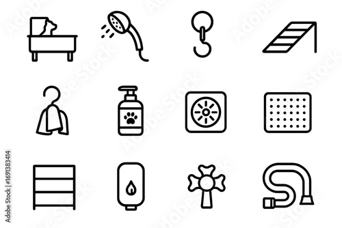 Pet Wash Icon Set. Outline icon set of pet wash station features: pet wash tub, handheld sprayer, leash hook, entry ramp, towel