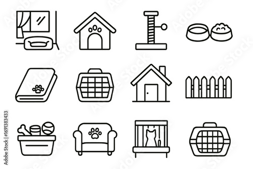 Pet-Friendly Icon Set. Outline icon set of pet-friendly accommodations: pet bed in room, dog house icon, cat scratching post,