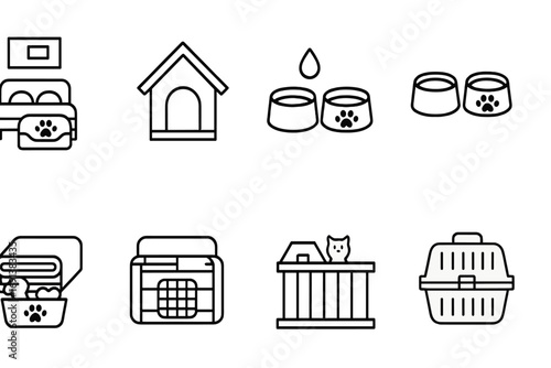 Pet-Friendly Icon Set. Outline icon set of pet-friendly accommodations: pet bed in room, dog house icon, cat scratching post,