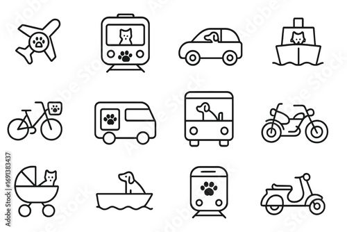 Pet-Friendly Transport Icons. Outline icon set of pet-friendly transportation: airplane with paw print, train with pet icon, car