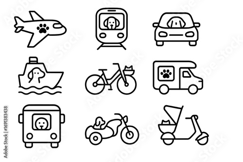 Pet-Friendly Transport Icons. Outline icon set of pet-friendly transportation: airplane with paw print, train with pet icon, car