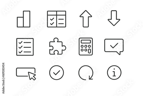 Plan Control Icons. Outline icon set of plan upgrade and downgrade controls: tier ladder, compare table, upgrade arrow, downgrade