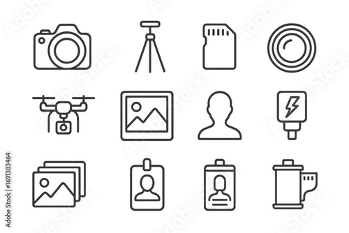 Photojournalism Icon Set. Outline icon set of photojournalism: DSLR camera, tripod, memory card, camera lens, drone, photo frame,