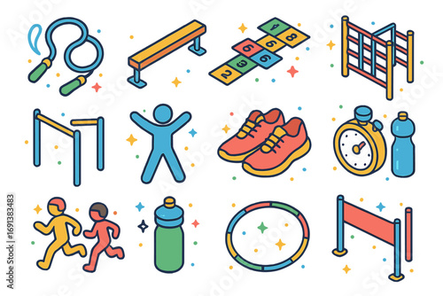 Playful Fitness Icons. Colorful isometric vector icons set of fitness through play: skipping rope, balance beam, hopscotch steps,