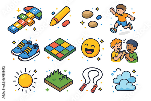 Playful Hopscotch Icons. Colorful isometric vector icons set of hopscotch squares: numbered hopscotch grid, chalk stick, small