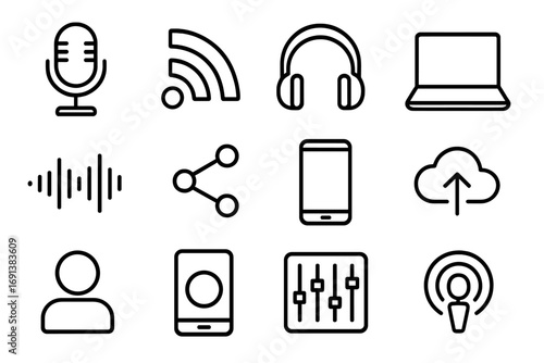 Podcast Production Icons. Outline icon set of podcast production: podcast mic, RSS feed icon, headphones, laptop, audio waveform,