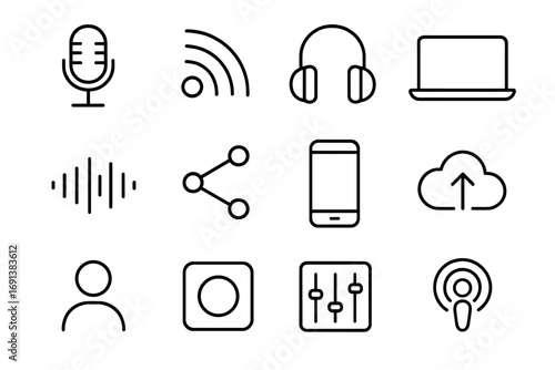 Podcast Production Icons. Outline icon set of podcast production: podcast mic, RSS feed icon, headphones, laptop, audio waveform,