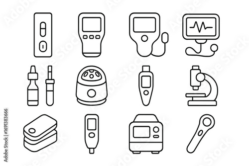 Point-of-Care Device Icons. Outline icon set of Point-of-care testing devices: rapid antigen test kit, handheld blood analyzer,