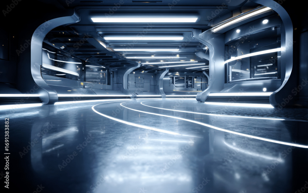 Fototapeta premium Futuristic sci - fi interior with sleek lighting and curved structures