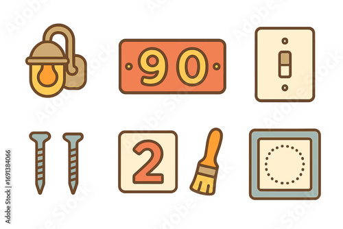 Porch Light Icons. Flat vector mini-illustrations Adding porch lighting and house numbers in colors children's illustrations: