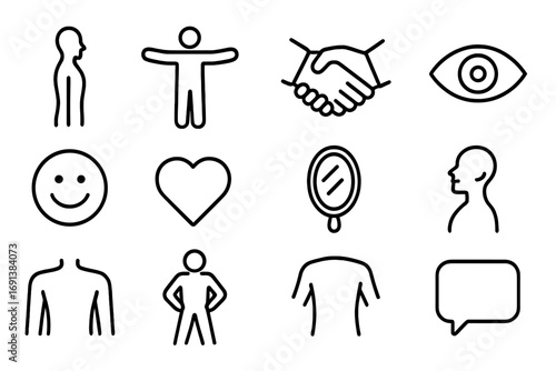 Positive Body Language Icons. Outline icon set of positive body language cues: posture silhouette, open arms, handshake, eye icon,