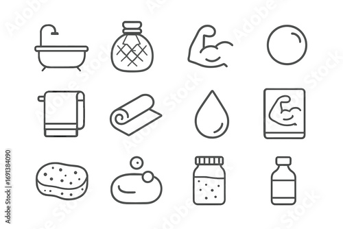 Post-Workout Soak Icons. Outline icon set of post-workout muscle soak: bathtub, ice pack, muscle icon, bubble, towel, yoga mat,