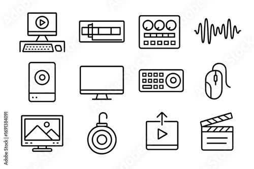 Post-Production Tool Icons. Outline icon set of post-production tools: editing workstation, video timeline, color grading panel,