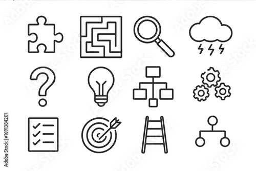 Problem-Solving Icon Set. Outline icon set of problem-solving workshops: puzzle piece, maze, magnifying glass, brainstorming cloud