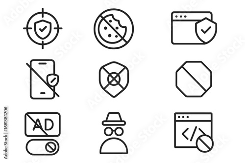 Privacy Protection Icons. Outline icon set of anti-tracking tools: crosshair with shield, no cookies symbol, browser extension