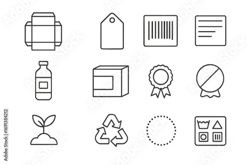 Product Icon Set. Outline icon set of packaging and product branding: dieline outline, hang tag, barcode, nutrition label, bottle
