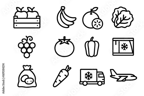 Produce Export Icons. Outline icon set of fruit and vegetable exports: apple crate, banana bunch, citrus fruit, grapes, tomato,