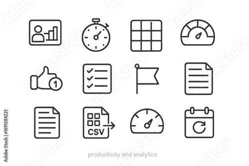 Productivity Icon Set. Outline icon set of productivity and analytics: attendance chart, session timer, heatmap, engagement meter,