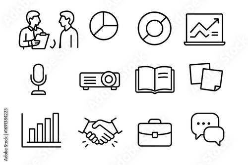 Professional Advice Icons. Outline icon set of Professional advice meeting: mentor with clipboard, mentee nodding, pie chart,