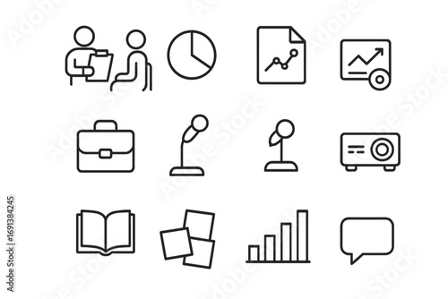 Professional Advice Icons. Outline icon set of Professional advice meeting: mentor with clipboard, mentee nodding, pie chart,