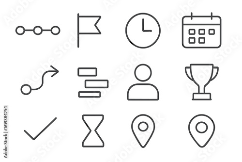 Project Timeline Icons. Outline icon set of project timeline and milestones: timeline line, milestone marker, flag, clock,