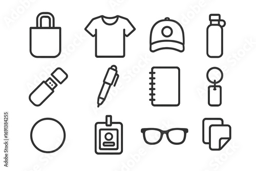 Promotional Icon Set. Outline icon set of giveaways and promotions: tote bag, T-shirt, branded cap, water bottle, USB stick, pen,