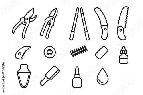 Pruning Tools Icons. Outline icon set of fixing pruning tools: pruning shears, secateurs, loppers, saw handle, folding saw,