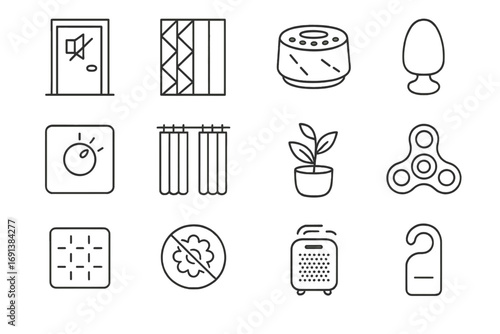 Quiet Space Icons. Outline icon set of Quiet rooms & sensory-friendly spaces: quiet room door sign, acoustic panel, white noise
