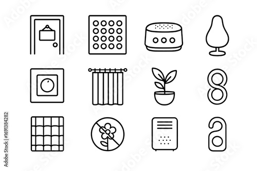 Quiet Space Icons. Outline icon set of Quiet rooms & sensory-friendly spaces: quiet room door sign, acoustic panel, white noise