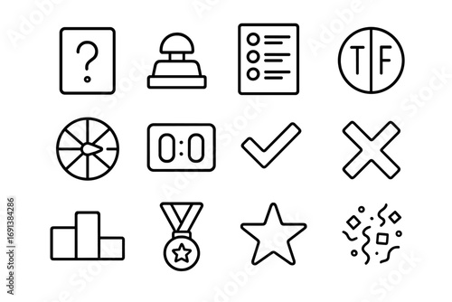 Quiz Icon Set. Outline icon set of formative quiz and review: question card, buzzer, multiple-choice sheet, true-false token,