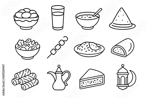 Ramadan Iftar Icon Set. Outline icon set of Ramadan iftar & Eid table: dates bowl, water glass, lentil soup bowl, samosa, fattoush