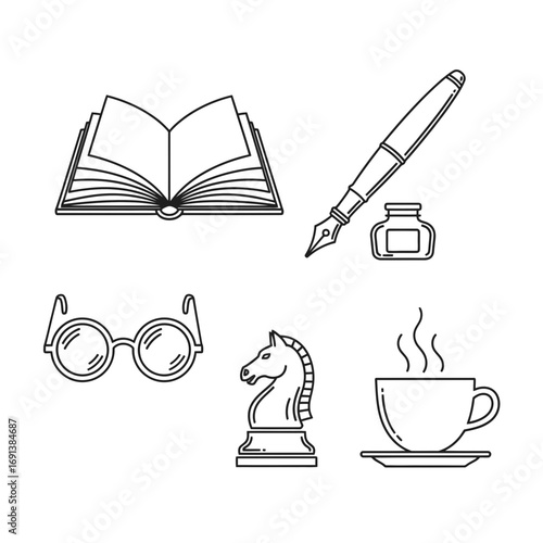Classic Indoor Leisure Icon Set with Book, Pen, and Coffee  