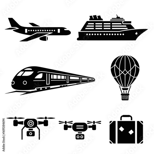 Black and White Long Distance Transportation Icon Set  
