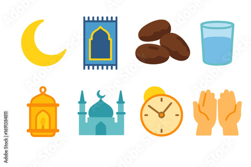 Ramadan Rituals for Kids. Flat vector mini-illustrations Ramadan fasting rituals in colors children's illustrations: crescent moon