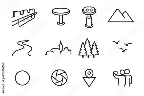 Ramparts Walk Icons. Outline icon set of Ramparts walk & views: parapet walk, orientation plaque, coin viewer, mountain outline,