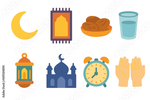 Ramadan Rituals for Kids. Flat vector mini-illustrations Ramadan fasting rituals in colors children's illustrations: crescent moon