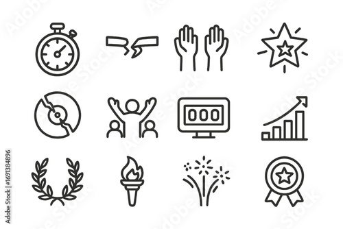 Record-Breaking Icons. Outline icon set of record-breaking moments: stopwatch, broken tape, raised hands, exploding star,