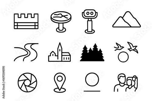 Ramparts Walk Icons. Outline icon set of Ramparts walk & views: parapet walk, orientation plaque, coin viewer, mountain outline,