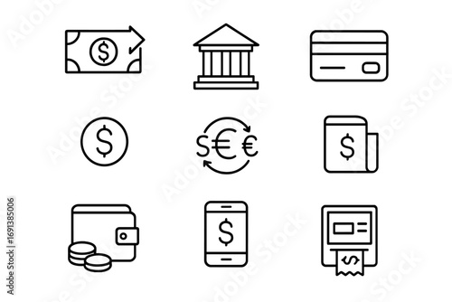 Remittance Icon Set. Outline icon set of remittances: money transfer arrow, bank building, credit card, dollar sign, euro sign,