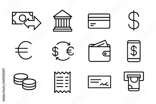 Remittance Icon Set. Outline icon set of remittances: money transfer arrow, bank building, credit card, dollar sign, euro sign,