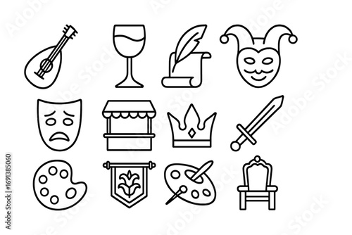 Renaissance Festival Icons. Outline icon set of Renaissance festivals: lute, goblet of wine, quill feather, scroll, jester mask,