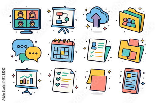Remote Work Icons. Colorful isometric vector icons set of remote work collaboration: team video call, shared whiteboard, file