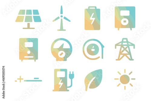 Renewable Energy Icons. Gradient icons set of renewable-powered charging: solar panel array, wind turbine, battery storage,