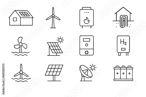 Renewable Energy Icons. Outline icon set of renewable energy for buildings: solar roof, small wind turbine, biomass boiler,