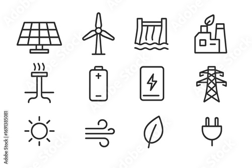 Renewable Energy Icons. Outline icon set of renewable energy adoption: solar panel, wind turbine, hydropower dam, biomass plant,