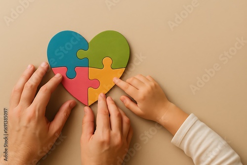 Hands of adults and child assembling a colorful heart shaped jigsaw puzzle together
