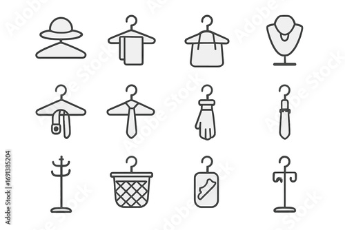 Retail Hanger Icons. Outline icon set of retail display hangers: hanger with hat, scarf draped, tote bag hook, jewelry display,